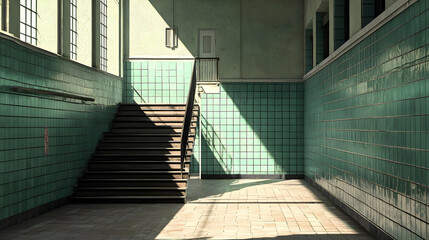 Interior Staircase With Tiled Walls And Geometric Patterns Under Bright Sunlight