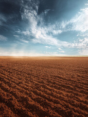 Fototapeta premium A vast plowed field under a cloudy blue sky.