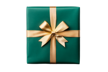Gift with gold ribbon in green wrapping paper, cut out transparent