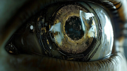 Futuristic cybernetic eye with intricate golden circuit patterns, symbolizing artificial intelligence, technology, and human augmentation