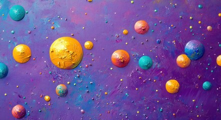 Abstract colorful paint planets and stars on purple textured background.