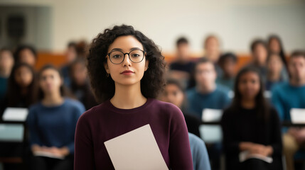 Confident female student holding coaching materials, presenting her project in a classroom with a diverse group of students in the background