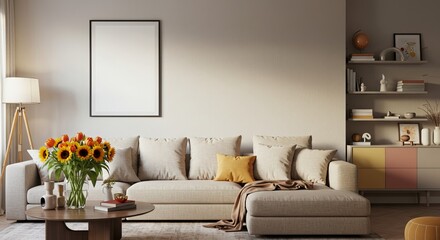 Modern Living Room Interior Design with Neutral Tones and Sunflowers