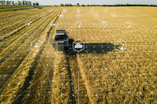 Harvester combine crop field with AI Data analysis technology. Agriculture AI technology, Sustainable way of Harvesting