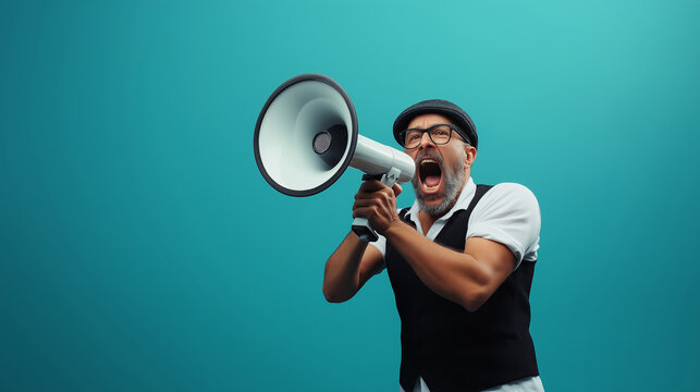 Energetic gym coach in vintage attire passionately making announcements with a large megaphone against a vibrant blue background