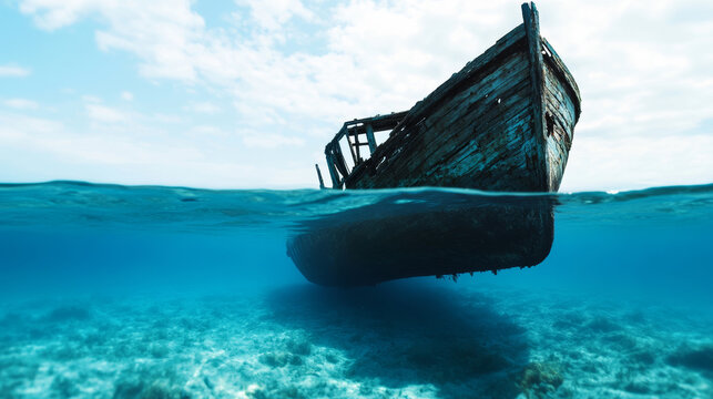 Fisheye view of half sunken vessel revealing maritime perils, nautical disaster emerging from deep blue waters, dramatic underwater wreckage scene