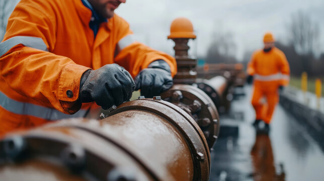 Industrial engineer wearing safety gloves carefully tightening pipeline valve bolts, preventing potential equipment failure and maintaining operational integrity