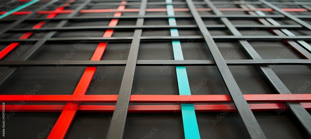 Poster geometric backdrop with neon red and turquoise accents in intersecting squares – empty template for 