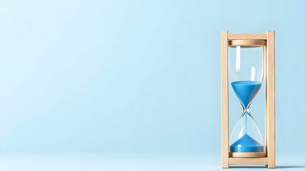 Wooden Hourglass With Blue Sand On Light Blue Background
