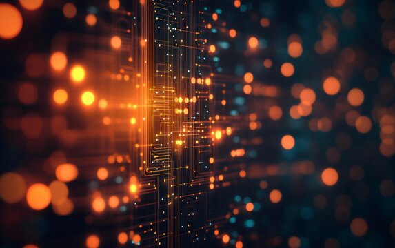 Futuristic technological interface with glowing orange and blue bokeh lights