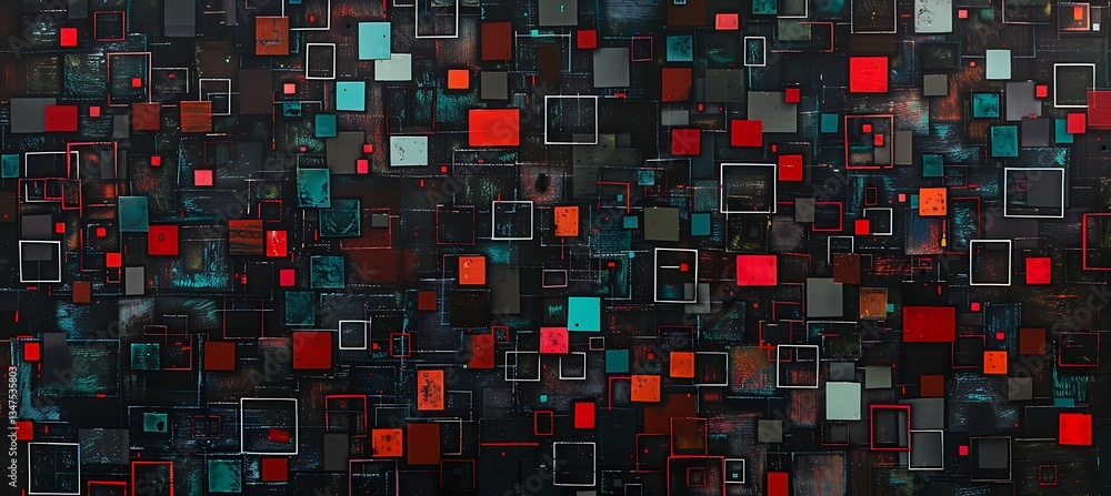 Poster geometric backdrop with neon red and turquoise accents in intersecting squares – empty template for 