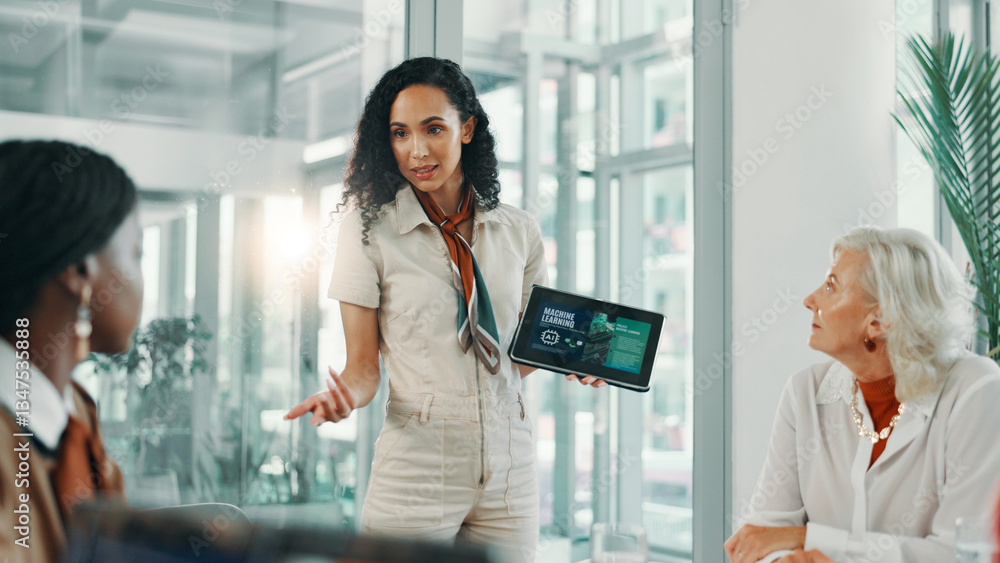 Aufkleber artificial intelligence, meeting and women with tablet, business and robotic process automation or s