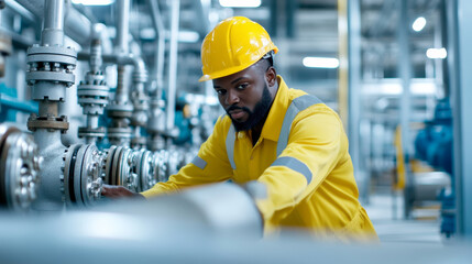 Industrial worker carefully checking complex pipeline network, metal infrastructure stretching through manufacturing facility, technical inspection in progress