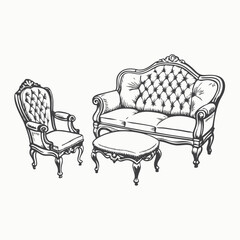furniture for the living room, armchairs, sofas, chairs and tables hand-drawn in different sizes Elegant ornamental furniture silhouette collection
