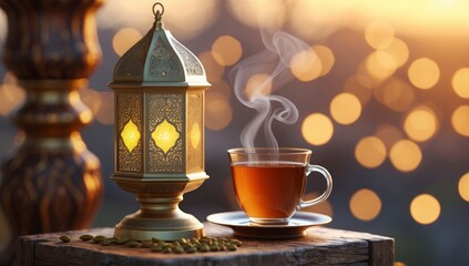 Warm Tea and Lantern Sunset Scene Peaceful Ramadan Ambiance