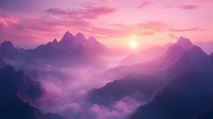 Fototapeta premium Pink sunset over misty mountain range, serene landscape, travel poster