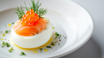 Gourmet appetizer featuring a boiled egg topped with smoked salmon, caviar, and fresh dill, drizzled with olive oil and seasoned with black pepper