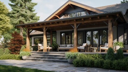 A photo of a home exterior with a covered porch.
