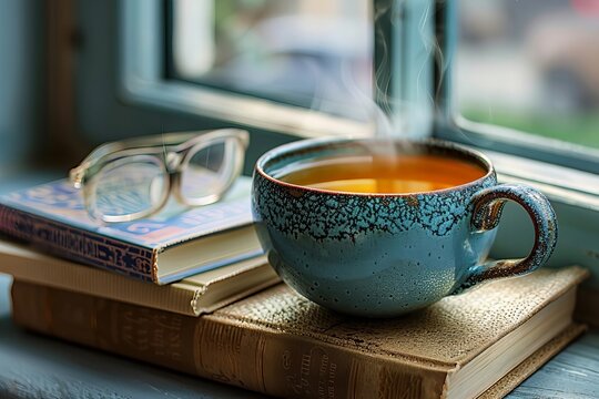 Cozy Scene: Steaming Cup of Tea, Poetry Books, and Glasses on a Windowsill - Powered by Adobe