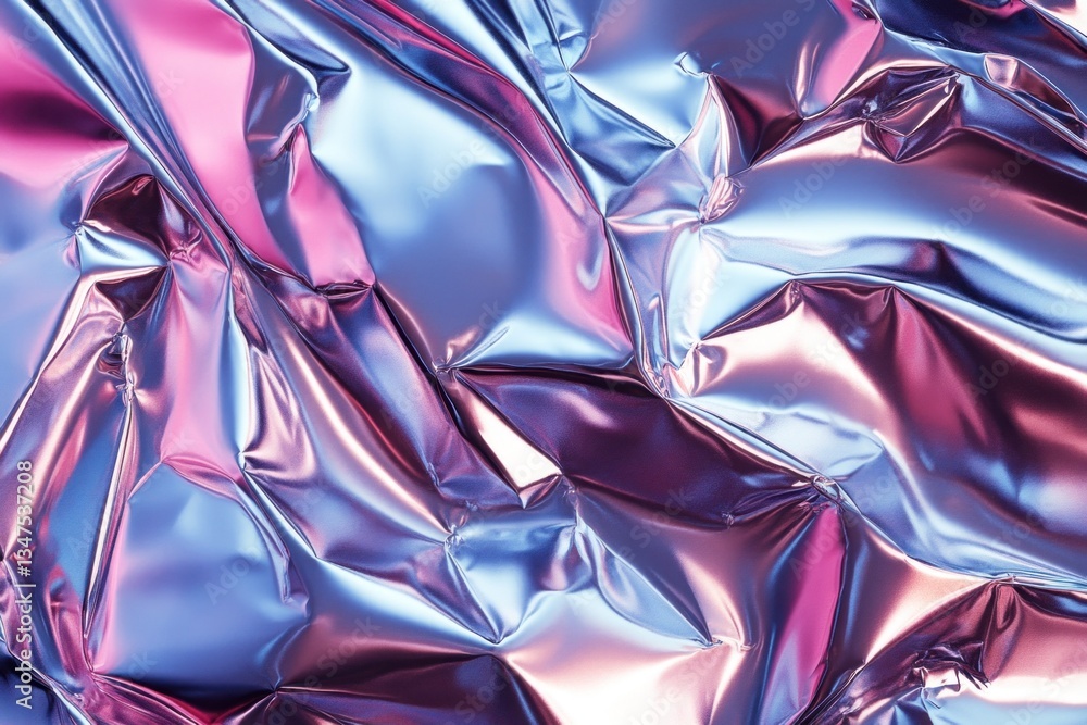 Poster a stunning silver foil texture with intricate folds reflects vibrant colors, creating a dynamic and 