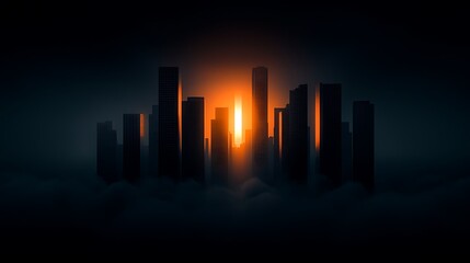 City skyline at dawn, shrouded in mist