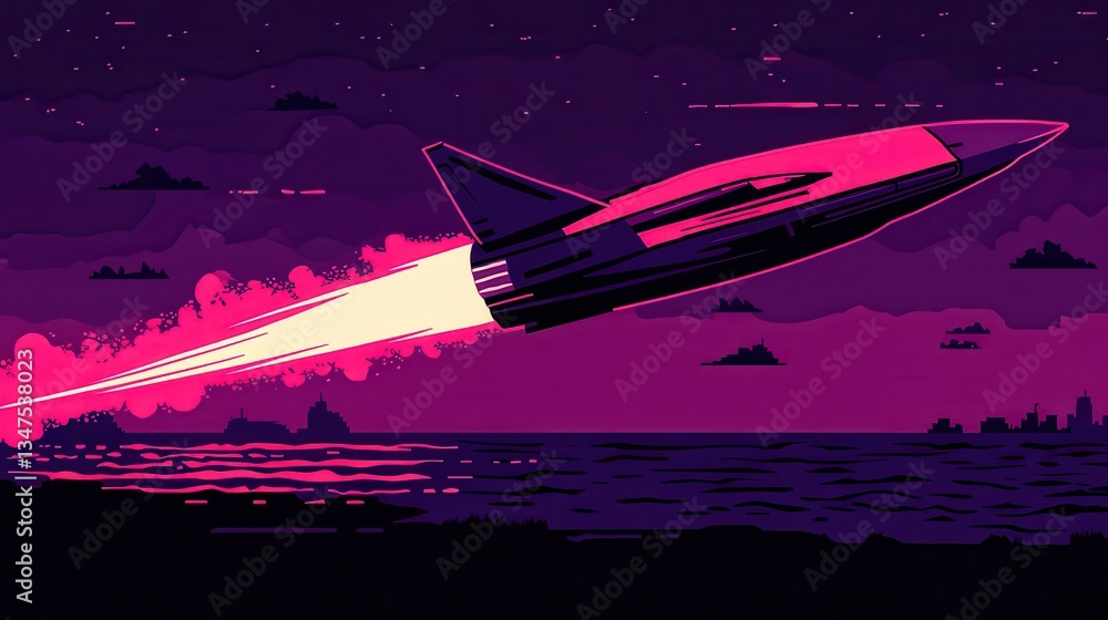 Wall mural a retro futuristic rocket ship soaring across the colorful sky
