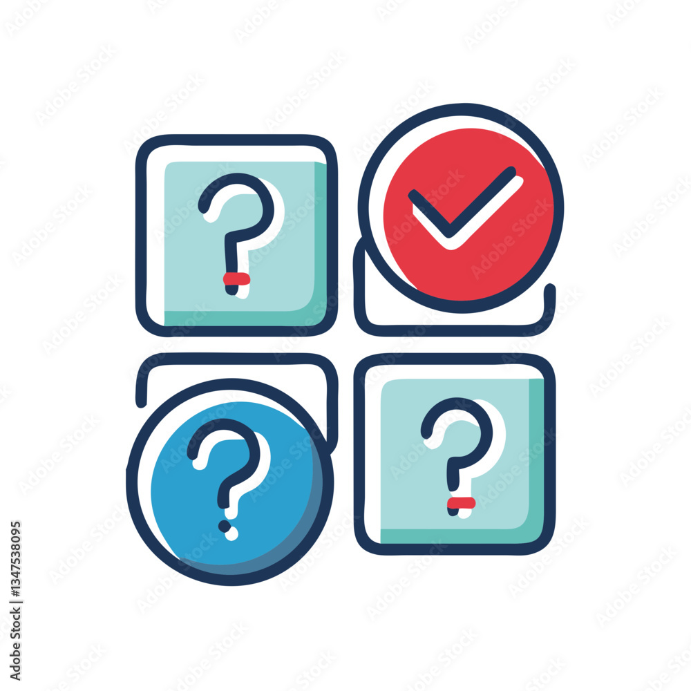Poster quiz symbols with checkmark and question boxes in colorful design