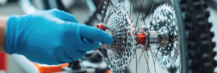 Close-up of gloved hand adjusting bicycle cassette. (1)