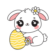 Cute Adorable Kawaii Bunny Rabbit with Colored Easter Egg. Sweet Spring Festive Character for Childrens Design