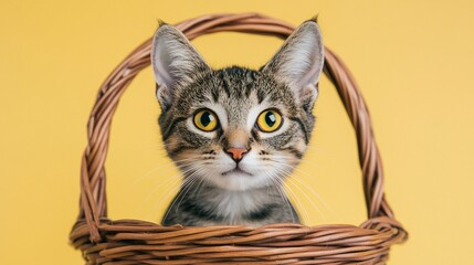 National Pet Day, Adorable Tabby Kitten in Wicker Basket Yellow Background Pet Photography