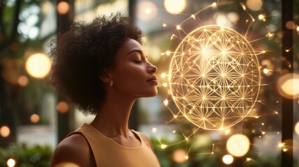 Naklejka premium Glowing sacred geometric sphere featuring Flower of Life pattern floats above young woman