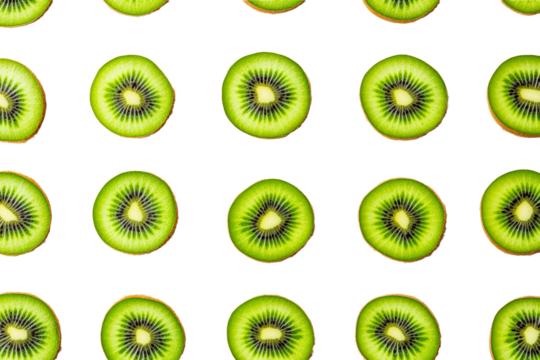 Pattern of fresh kiwi slices, vibrant green, black background, cut out transparent