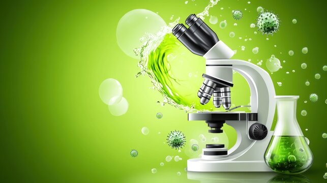 Microscope, Water Splash, Science Lab, Green Background