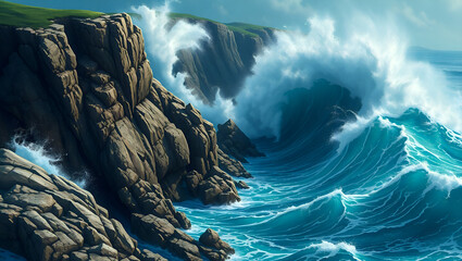 Massive ocean waves crashing against jagged cliffs, turbulent water swirling, dramatic tension between nature's power and rocky coast