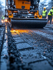 Road construction scene with workers and machinery paving asphalt.