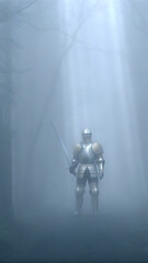 Fototapeta premium A lone medieval knight glowing silver armor st