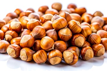 Obraz premium A cluster of hazelnuts in their shells, displaying their brown, textured exteriors and slightly pointed ends. The nuts are arranged randomly, yet visually appealingly.