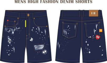 Jean Shorts Flat Technical Drawing Illustration Five Pocket Classic Blank Streetwear Mock-up Template for Design and Tech Packs CAD Denim