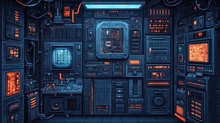 Fototapeta premium A futuristic interior displays advanced electronic equipment with glowing screens