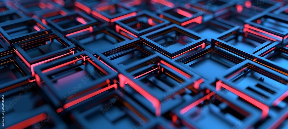 Poster geometric backdrop with intersecting squares and neon highlights of indigo and coral – empty templat