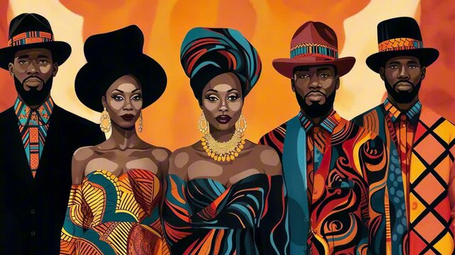 Stylized digital painting of a group of afro american men and women dressed in bold African-inspired outfits, standing with confidence. Concept of strength and cultural identity
