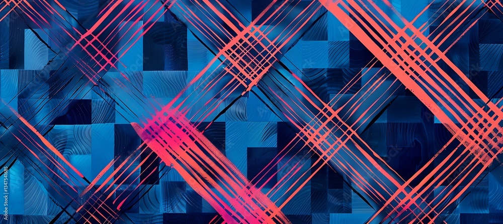Poster geometric backdrop with intersecting squares and neon highlights of indigo and coral – empty templat
