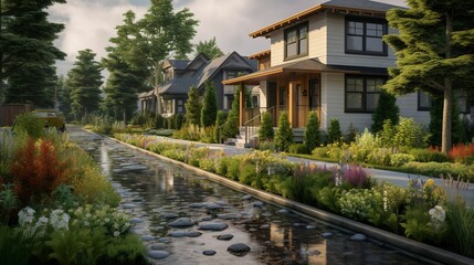 A photo of a home with a rain garden for water runoff