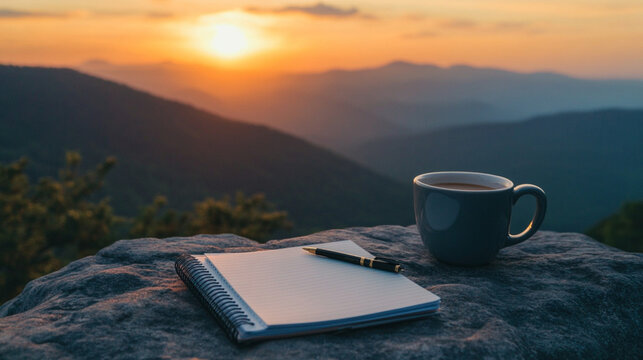 A notebook and pen on the edge of a cliff outdoors, overlooking misty mountains at sunrise, with a cup of coffee in hand. 
