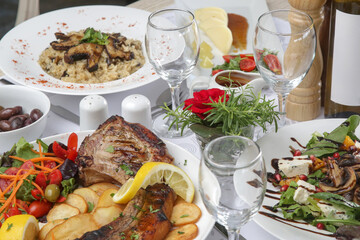 Various Mediterranean dishes served on the restaurant table