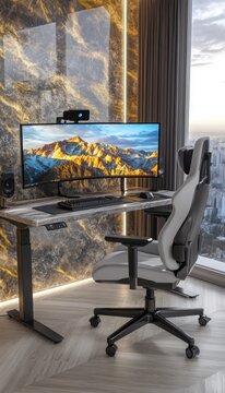 Modern home office setup with a panoramic view.  Ergonomic chair, large monitor displaying a mountain range, and a sleek desk complete the space.