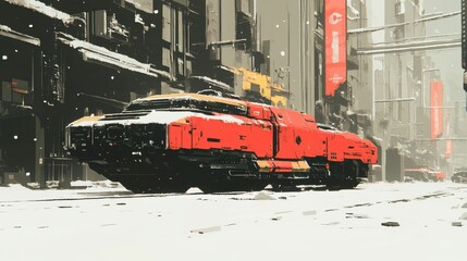 A red vehicle drives through a snowy urban cityscape on road