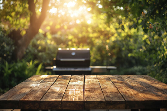 Wooden table with grill in background, preparing BBQ. Plates of fresh vegetables and marinated meats ready for grilling. Outdoor dining setup.