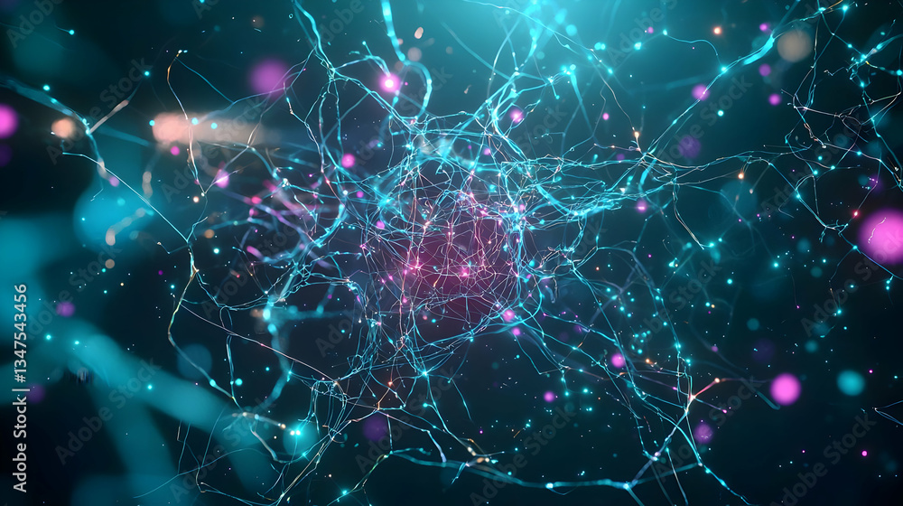 Poster abstract digital network visualization with glowing blue and pink light particles in dark background