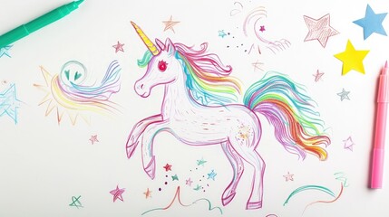 Obraz premium Colorful unicorn drawing with rainbow mane and magical celestial elements on white paper with colored pencils